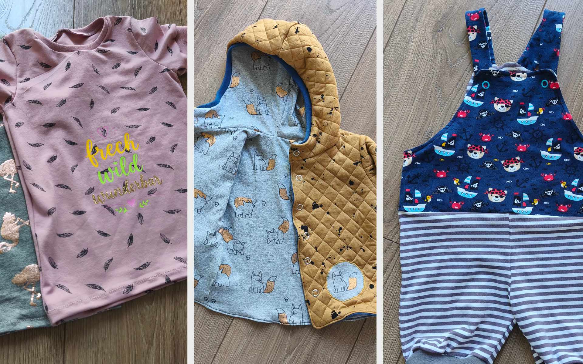 Detailansichten von genähter Kinderkleidung als Collage